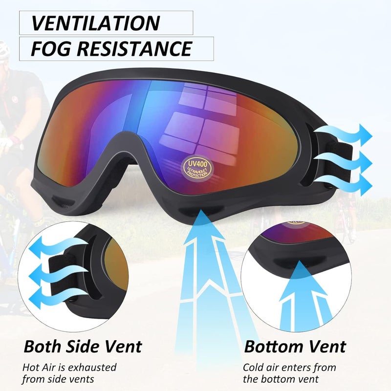 4-FQ Motorcycle Goggles Kids, 2 Pack Dirt Bike ATV Motocross & Ski Goggles, Off Road Riding Glasses for Child, Anti-UV Dust Airsoft Glasses for Men Women Youth Adult (Black+Black Frame/Color lens) - Image 3